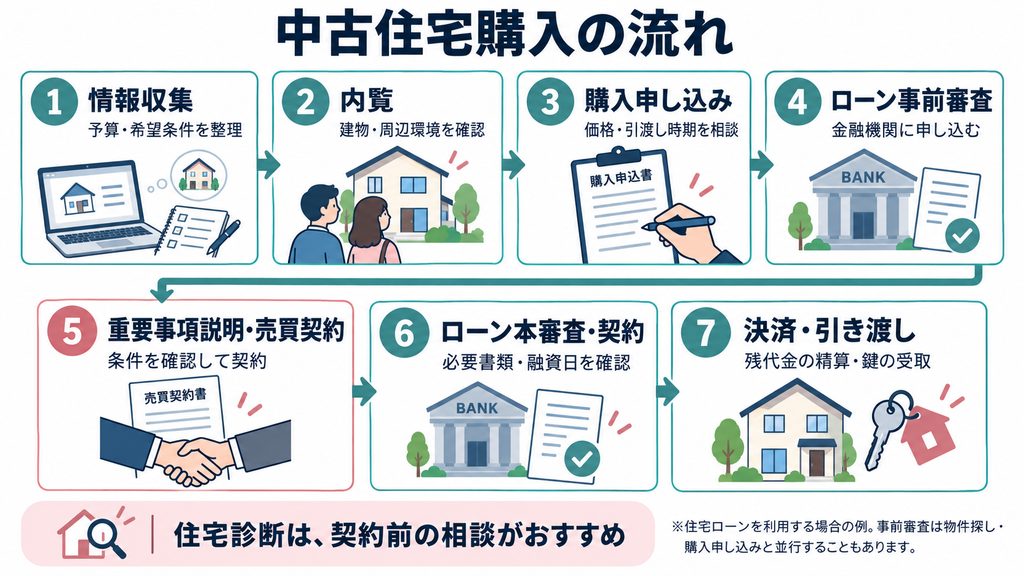 中古住宅購入の流れ。情報収集、内覧、購入申し込み、ローン事前審査、重要事項説明・売買契約、ローン本審査・契約、決済・引き渡しの7ステップ。