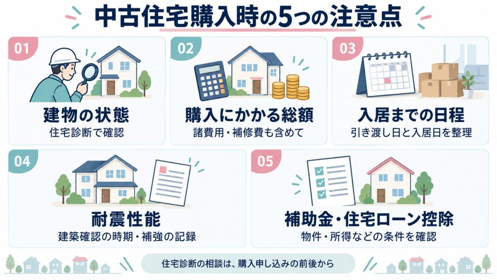 中古住宅購入時の5つの注意点。建物の状態、購入にかかる総額、入居までの日程、耐震性能、補助金・住宅ローン控除の条件を確認。