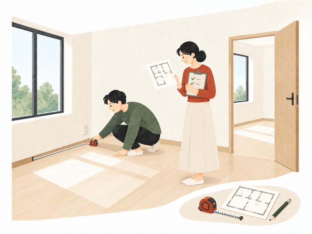 空の建売住宅で、間取り図とチェックリストを見ながら室内の寸法を確認する男女