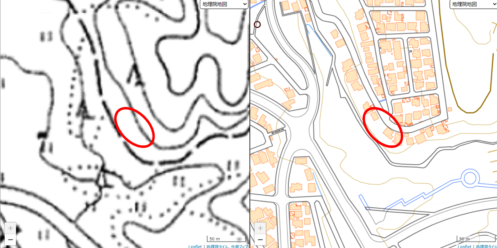 金沢市田上新町付近の今（右）と昔（左）の地形図