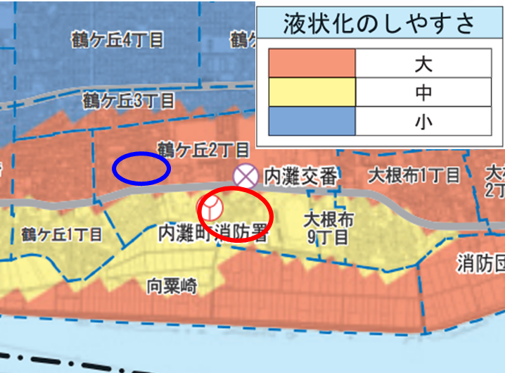 内灘町液状化マップに鶴ヶ丘小学校付近の調査地地点を加筆