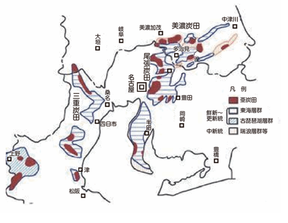 東海地方の亜炭坑の位置