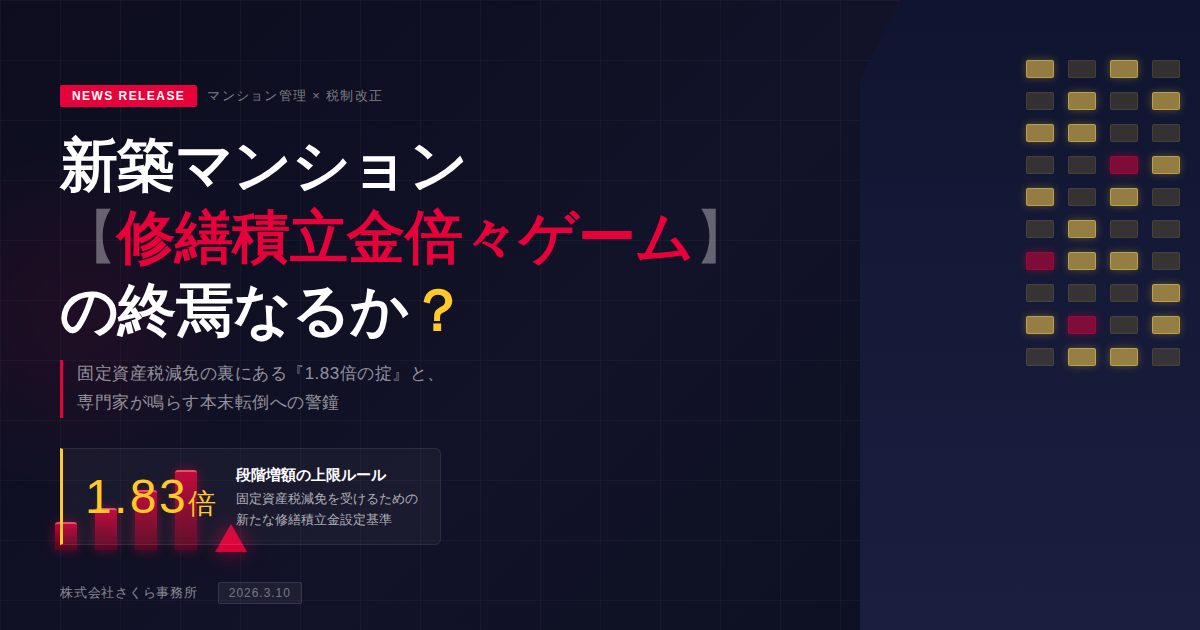 新築マンション【修繕積立金倍々ゲーム】の終焉なるか？ 固定資産税減免の裏にある『1.83倍の掟』と、専門家が鳴らす本末転倒への警鐘